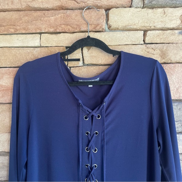 Marled RC navy blue lace up stretch long sleeve top bell sleeve Large - Picture 2 of 11